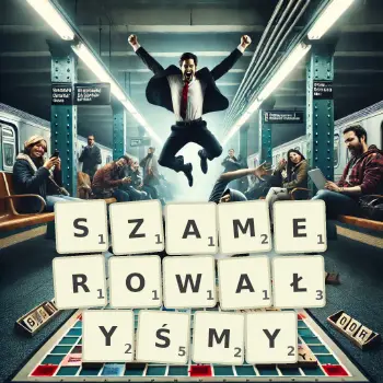 Kreatywna ilustracja do gry w Scrabble ze słowem SZAMEROWAŁYŚMY ułożonym z płytek na planszy.