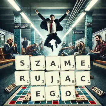 Kreatywna ilustracja do gry w Scrabble ze słowem SZAMERUJĄCEGO ułożonym z płytek na planszy.