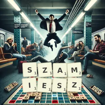 Kreatywna ilustracja do gry w Scrabble ze słowem SZAMIESZ ułożonym z płytek na planszy.