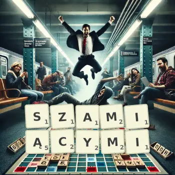 Kreatywna ilustracja do gry w Scrabble ze słowem SZAMIĄCYMI ułożonym z płytek na planszy.