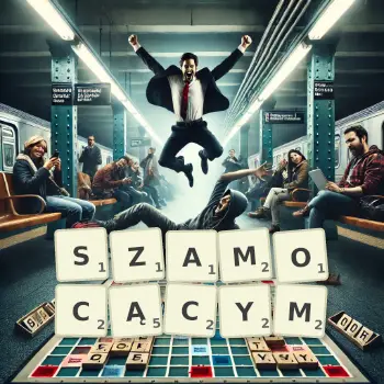 Kreatywna ilustracja do gry w Scrabble ze słowem SZAMOCĄCYM ułożonym z płytek na planszy.