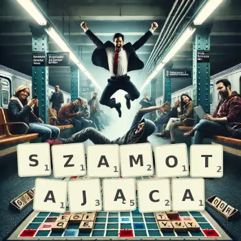 Kreatywna ilustracja do gry w Scrabble ze słowem SZAMOTAJĄCA ułożonym z płytek na planszy.