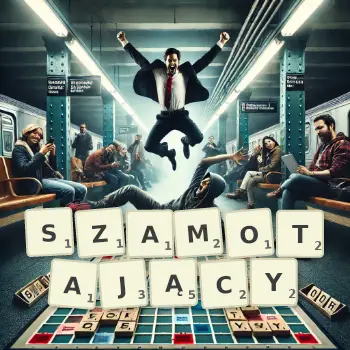 Kreatywna ilustracja do gry w Scrabble ze słowem SZAMOTAJĄCY ułożonym z płytek na planszy.