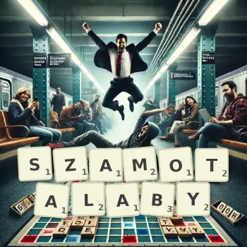 Kreatywna ilustracja do gry w Scrabble ze słowem SZAMOTALABY ułożonym z płytek na planszy.