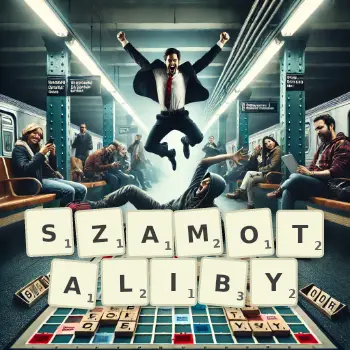 Kreatywna ilustracja do gry w Scrabble ze słowem SZAMOTALIBY ułożonym z płytek na planszy.