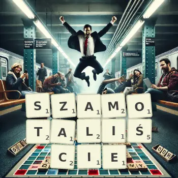 Kreatywna ilustracja do gry w Scrabble ze słowem SZAMOTALIŚCIE ułożonym z płytek na planszy.