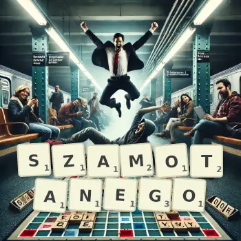 Kreatywna ilustracja do gry w Scrabble ze słowem SZAMOTANEGO ułożonym z płytek na planszy.