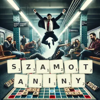 Kreatywna ilustracja do gry w Scrabble ze słowem SZAMOTANINY ułożonym z płytek na planszy.