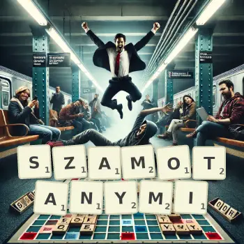 Kreatywna ilustracja do gry w Scrabble ze słowem SZAMOTANYMI ułożonym z płytek na planszy.