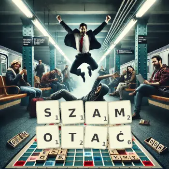 Kreatywna ilustracja do gry w Scrabble ze słowem SZAMOTAĆ ułożonym z płytek na planszy.
