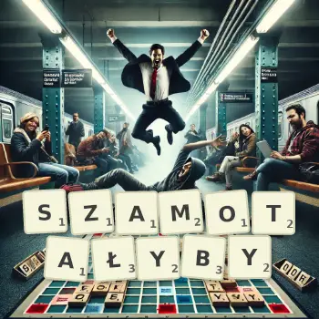 Kreatywna ilustracja do gry w Scrabble ze słowem SZAMOTAŁYBY ułożonym z płytek na planszy.