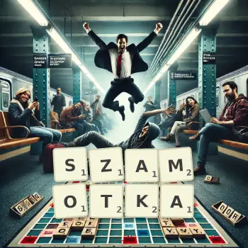 Kreatywna ilustracja do gry w Scrabble ze słowem SZAMOTKA ułożonym z płytek na planszy.