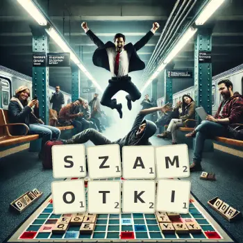 Kreatywna ilustracja do gry w Scrabble ze słowem SZAMOTKI ułożonym z płytek na planszy.