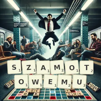 Kreatywna ilustracja do gry w Scrabble ze słowem SZAMOTOWEMU ułożonym z płytek na planszy.