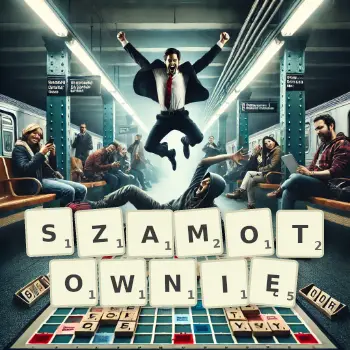 Kreatywna ilustracja do gry w Scrabble ze słowem SZAMOTOWNIĘ ułożonym z płytek na planszy.