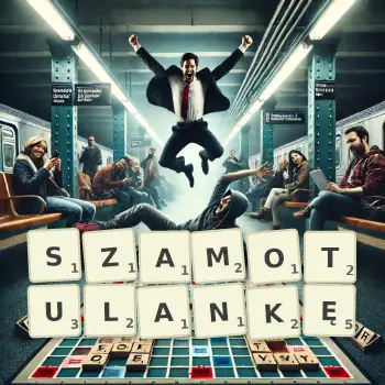 Kreatywna ilustracja do gry w Scrabble ze słowem SZAMOTULANKĘ ułożonym z płytek na planszy.