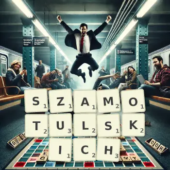 Kreatywna ilustracja do gry w Scrabble ze słowem SZAMOTULSKICH ułożonym z płytek na planszy.