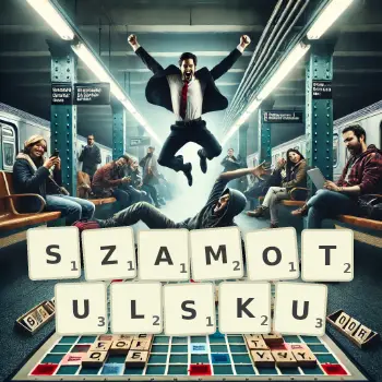 Kreatywna ilustracja do gry w Scrabble ze słowem SZAMOTULSKU ułożonym z płytek na planszy.