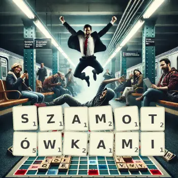 Kreatywna ilustracja do gry w Scrabble ze słowem SZAMOTÓWKAMI ułożonym z płytek na planszy.
