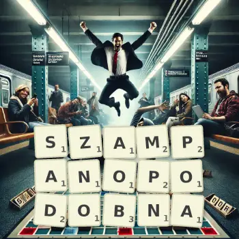 Kreatywna ilustracja do gry w Scrabble ze słowem SZAMPANOPODOBNA ułożonym z płytek na planszy.