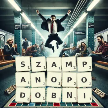 Kreatywna ilustracja do gry w Scrabble ze słowem SZAMPANOPODOBNI ułożonym z płytek na planszy.