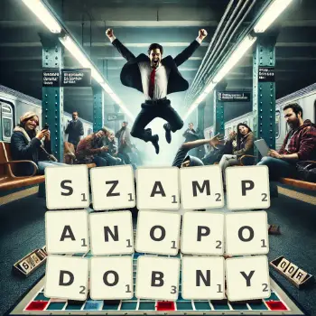 Kreatywna ilustracja do gry w Scrabble ze słowem SZAMPANOPODOBNY ułożonym z płytek na planszy.