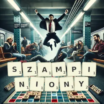 Kreatywna ilustracja do gry w Scrabble ze słowem SZAMPINIONY ułożonym z płytek na planszy.