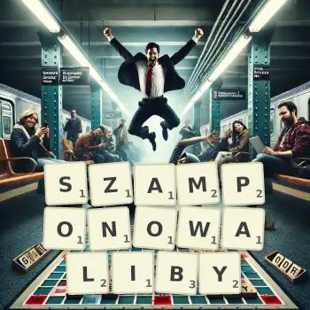 Kreatywna ilustracja do gry w Scrabble ze słowem SZAMPONOWALIBY ułożonym z płytek na planszy.