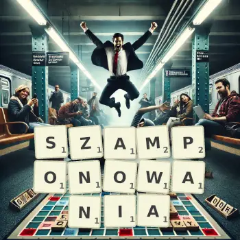 Kreatywna ilustracja do gry w Scrabble ze słowem SZAMPONOWANIA ułożonym z płytek na planszy.