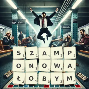 Kreatywna ilustracja do gry w Scrabble ze słowem SZAMPONOWAŁOBYM ułożonym z płytek na planszy.