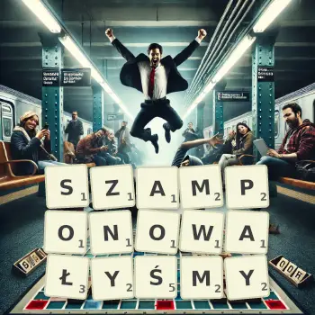 Kreatywna ilustracja do gry w Scrabble ze słowem SZAMPONOWAŁYŚMY ułożonym z płytek na planszy.