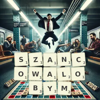 Kreatywna ilustracja do gry w Scrabble ze słowem SZANCOWALOBYM ułożonym z płytek na planszy.