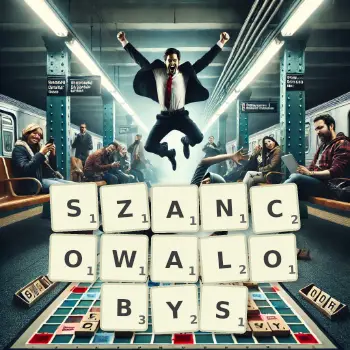 Kreatywna ilustracja do gry w Scrabble ze słowem SZANCOWALOBYS ułożonym z płytek na planszy.