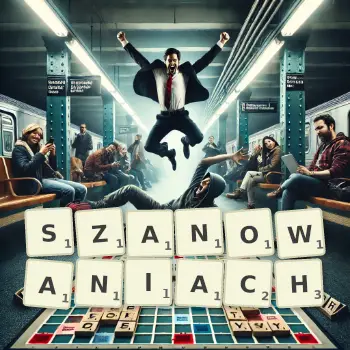 Kreatywna ilustracja do gry w Scrabble ze słowem SZANOWANIACH ułożonym z płytek na planszy.