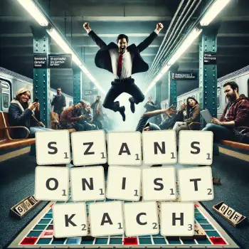 Kreatywna ilustracja do gry w Scrabble ze słowem SZANSONISTKACH ułożonym z płytek na planszy.