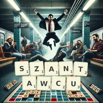 Kreatywna ilustracja do gry w Scrabble ze słowem SZANTAWCU ułożonym z płytek na planszy.