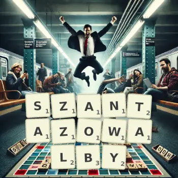 Kreatywna ilustracja do gry w Scrabble ze słowem SZANTAZOWALBY ułożonym z płytek na planszy.