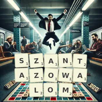 Kreatywna ilustracja do gry w Scrabble ze słowem SZANTAZOWALOM ułożonym z płytek na planszy.