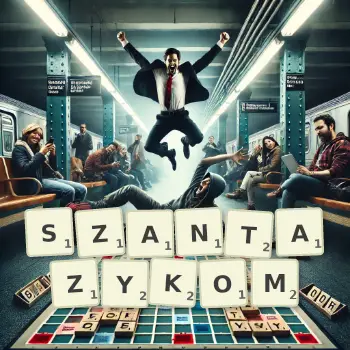 Kreatywna ilustracja do gry w Scrabble ze słowem SZANTAZYKOM ułożonym z płytek na planszy.