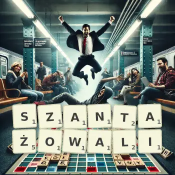 Kreatywna ilustracja do gry w Scrabble ze słowem SZANTAŻOWALI ułożonym z płytek na planszy.
