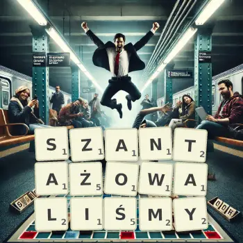 Kreatywna ilustracja do gry w Scrabble ze słowem SZANTAŻOWALIŚMY ułożonym z płytek na planszy.