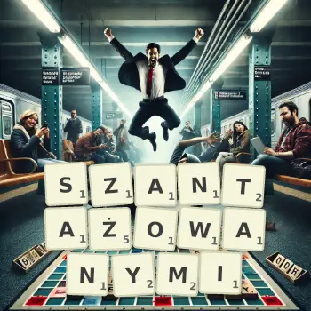 Kreatywna ilustracja do gry w Scrabble ze słowem SZANTAŻOWANYMI ułożonym z płytek na planszy.