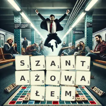 Kreatywna ilustracja do gry w Scrabble ze słowem SZANTAŻOWAŁEM ułożonym z płytek na planszy.