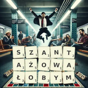Kreatywna ilustracja do gry w Scrabble ze słowem SZANTAŻOWAŁOBYM ułożonym z płytek na planszy.