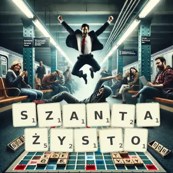 Kreatywna ilustracja do gry w Scrabble ze słowem SZANTAŻYSTO ułożonym z płytek na planszy.