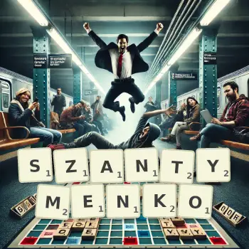 Kreatywna ilustracja do gry w Scrabble ze słowem SZANTYMENKO ułożonym z płytek na planszy.