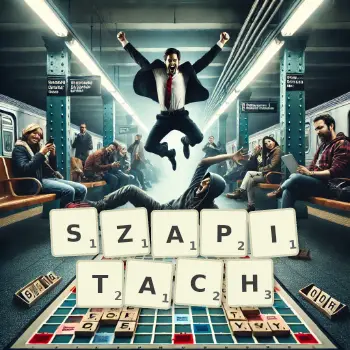 Kreatywna ilustracja do gry w Scrabble ze słowem SZAPITACH ułożonym z płytek na planszy.