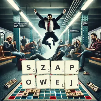 Kreatywna ilustracja do gry w Scrabble ze słowem SZAPOWEJ ułożonym z płytek na planszy.
