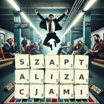 Kreatywna ilustracja do gry w Scrabble ze słowem SZAPTALIZACJAMI ułożonym z płytek na planszy.