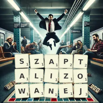 Kreatywna ilustracja do gry w Scrabble ze słowem SZAPTALIZOWANEJ ułożonym z płytek na planszy.